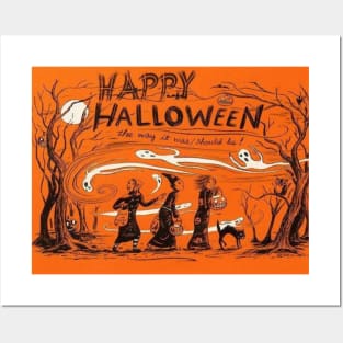 Retro Vintage "Happy Halloween" Spooky Season Trick or Treat Witches Posters and Art